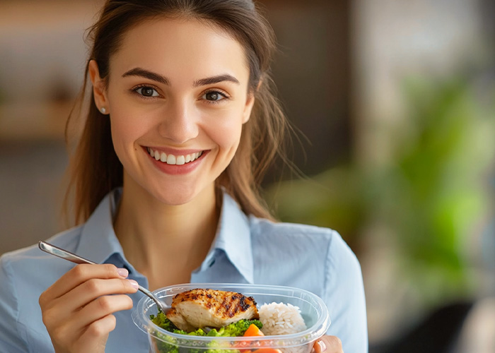 jovem mulher comendo peito de frango com arroz e legumes